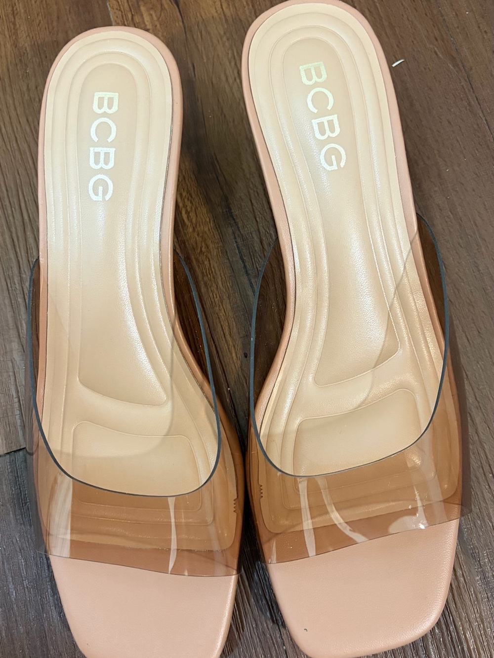BCBG Blush Tan Clear-Band Slide Sandal